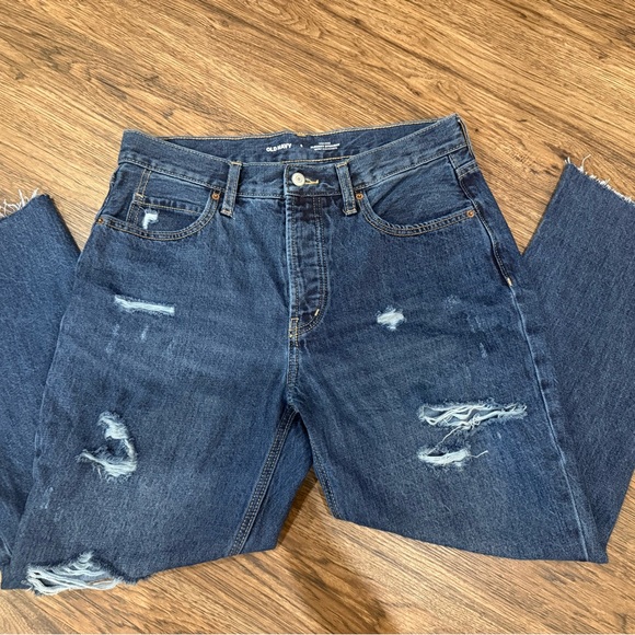 Old Navy Pants - Old Navy High Rise Slouchy Straight Relaxed Fit Distressed Jeans - Dark Blue